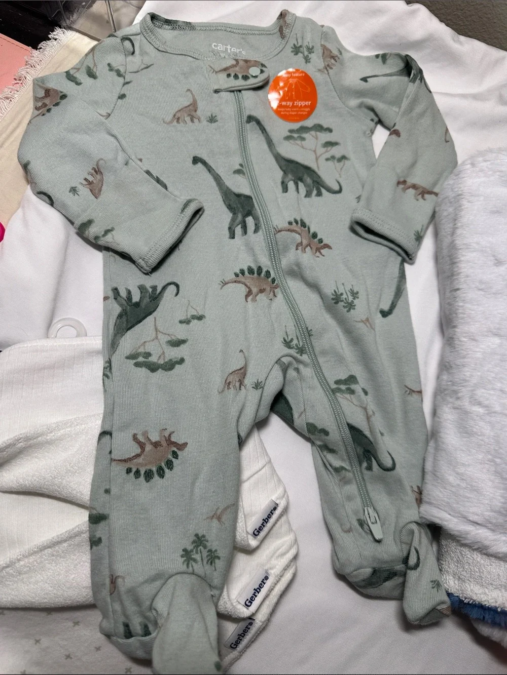 Carters Sage Green Dinosaur Sleeper with 3 bibs & 2 swankie Blankie Burb cloths